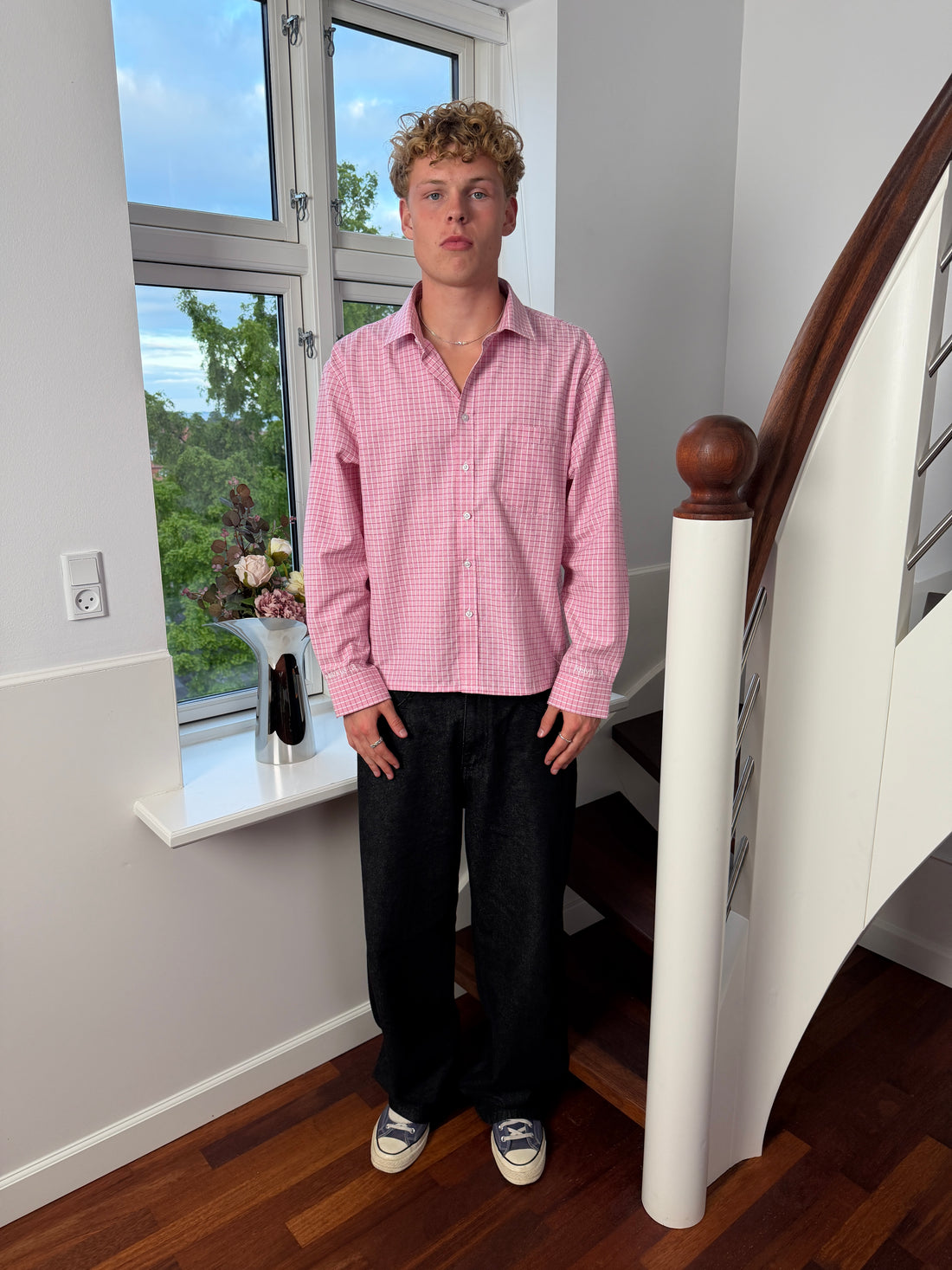 Checkered Shirt - Pink (Bold check) — model
